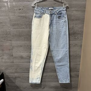 Bershka‎ Womens Jeans Blue Us 4 High Rise Straight Leg Split Bleach Denim